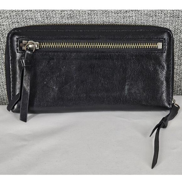 ALL SAINTS DARK BROWN ZIP-AROUND LEATHER WALLET ZIPPER 8" x 4" BRASS LOCK CHARM - Picture 2 of 12